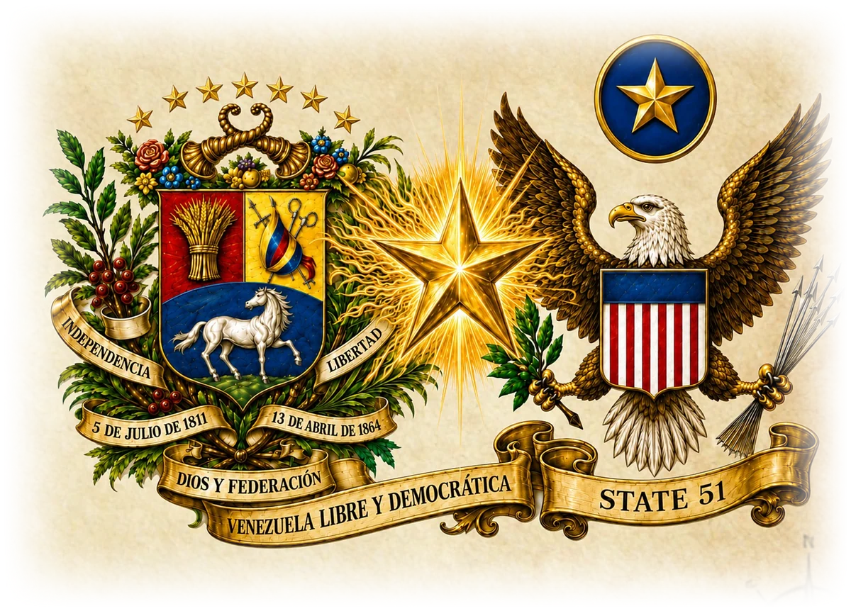 Heráldica de Estado 51: el escudo de los Estados Unidos de Venezuela y el águila de los Estados Unidos, unidos por una estrella